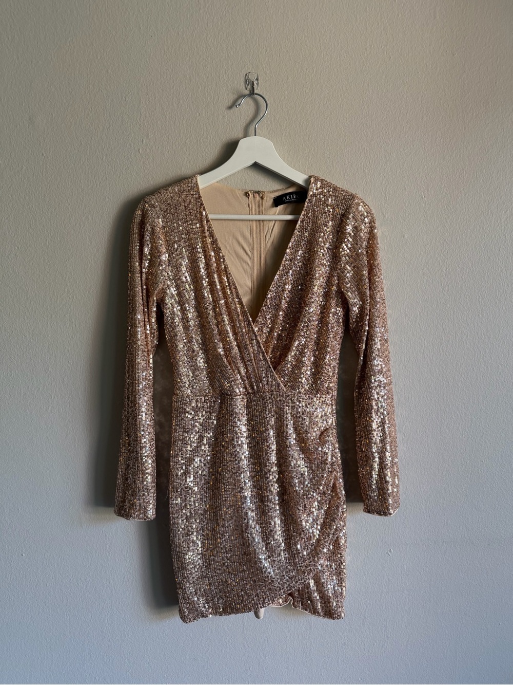 AKIRA Rose Gold Sequin Wrap Mini Dress (M)